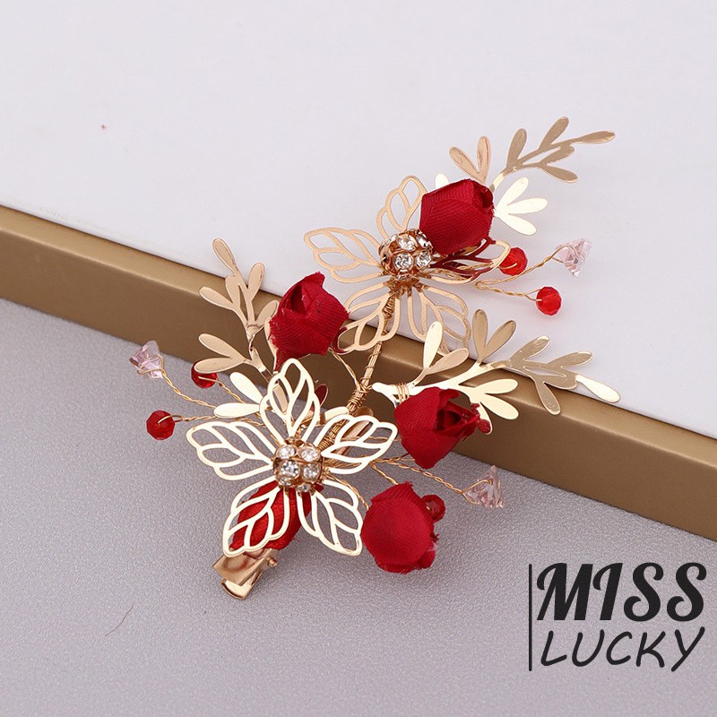 Kẹp tóc hình hoa đỏ đính đá giả kim cương sáng bóng handmade phong cách Trung Hoa thời trang cho cô dâu