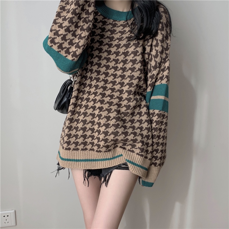 kumivn áo len họa tiết nanh sói nâu phối kẻ tay dáng rộng ulzzang Hàn Quốc
