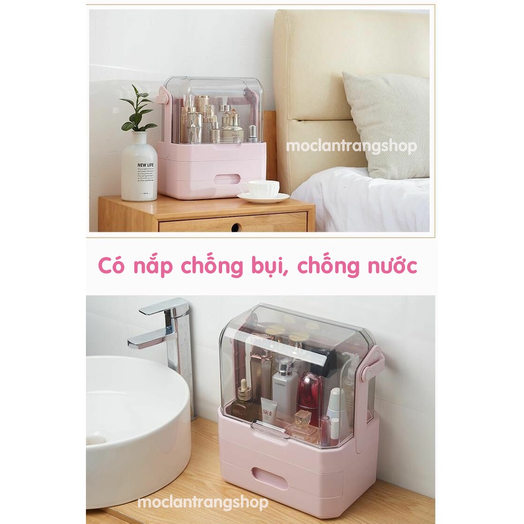 Tủ kệ đựng mỹ phẩm đồ trang điểm nhiều ngăn kéo có nắp kính chống bụi chống nước, hộp để đồ trang điểm cỡ lớn xinh xắn