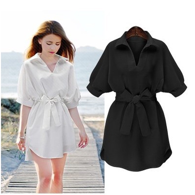 váy tay lửng cổ chữ V thắt nơ eo