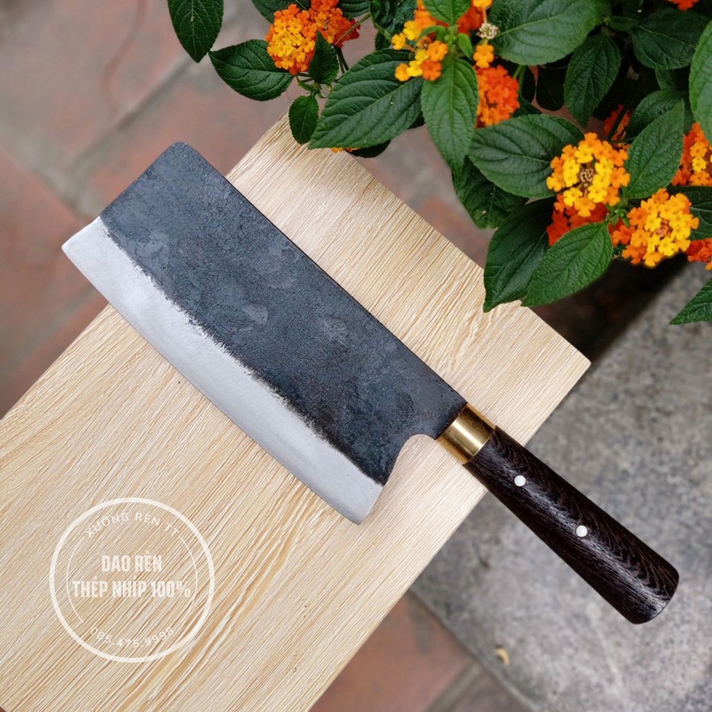 Bộ 3 Dao Nhà Bếp, Thép Nhíp Chuẩn - Rèn Thủ Công, Cán Gỗ Mun, Dao Chặt, Thái, Lọc