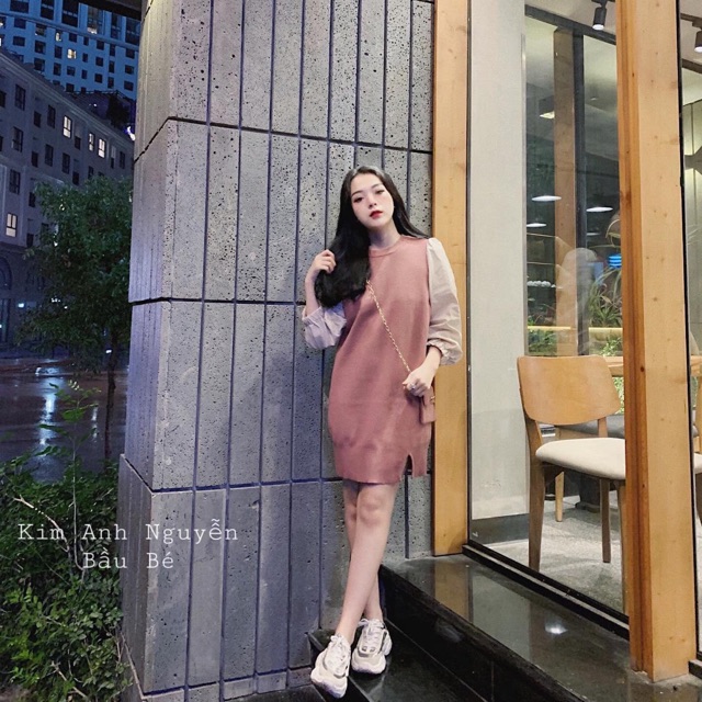 VÁY SUÔNG UMI HỒNG PHỐI TAY BỒNG