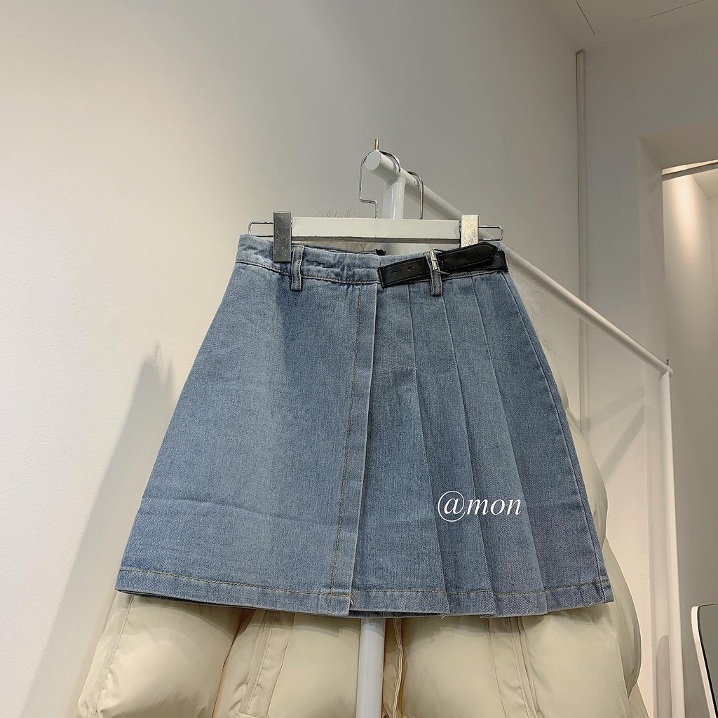 2101445 Chân váy jeans nữ xếp ly có đai chỉnh được eo bé lại màu xanh có size | BigBuy360 - bigbuy360.vn