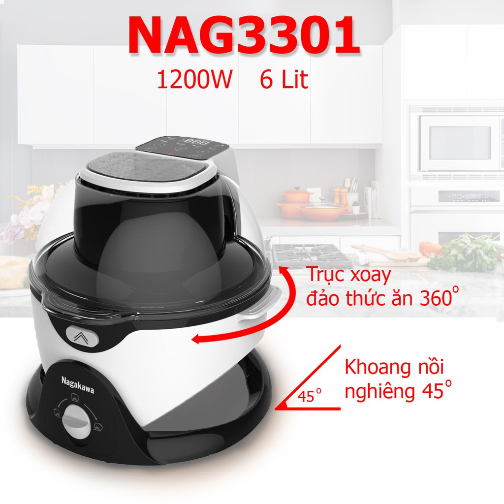 Nồi chiên không dầu 6L Nagakawa NAG3301 tích hợp sẵn 6 chức năng nấu