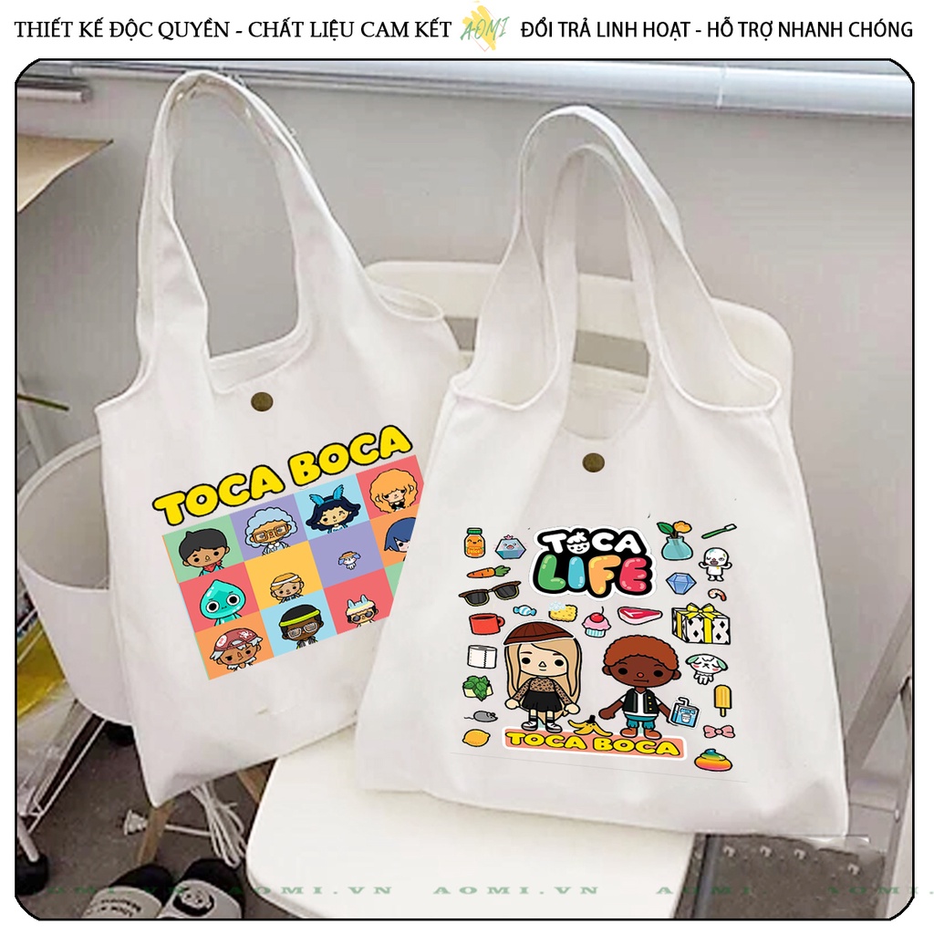 TOTE CANVAS  TOCA BOCA LIFE FORM TRÒN TÚI VẢI ĐEO VAI BAG NÚT BẤM SIZE LỚN AOMIVN DU LỊCH DẠO PHỐ CÁ TÍNH