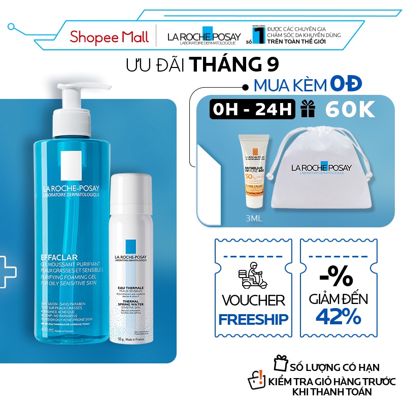 Bộ sản phẩm làm sạch và bảo vệ da dầu nhạy cảm La RochePosay Effaclar Gel