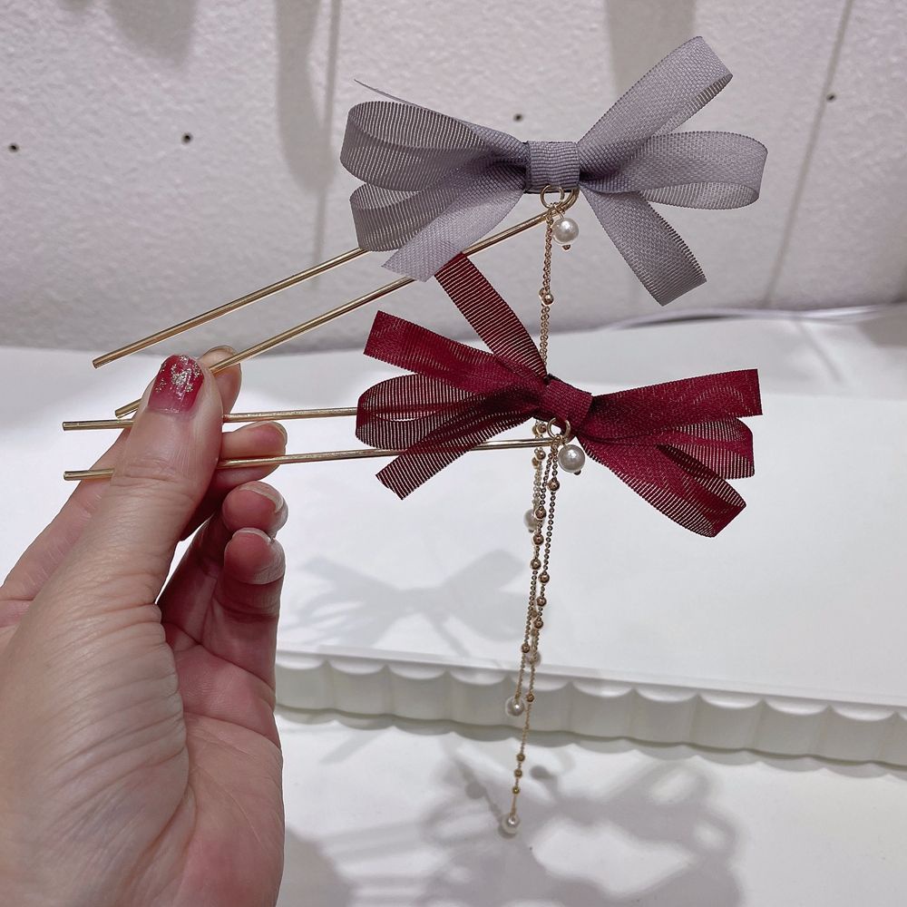 Trâm cài tóc hình chữ U hợp kim mặt nơ lưới đính tua rua ngọc trai nhân tạo phong cách Hàn Quốc vintage cổ điển cho nữ