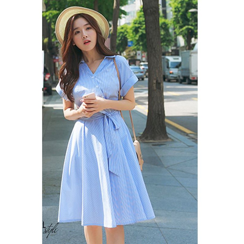 Đầm xòe sơ mi cổ cách điệu