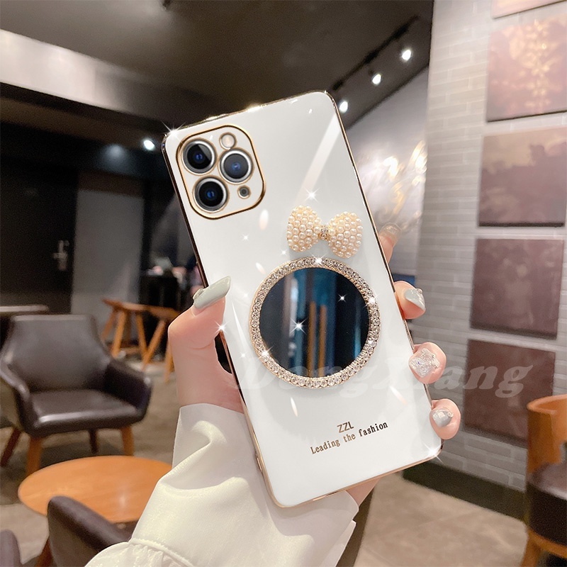 Ốp Điện Thoại Mềm Gắn Gương Trang Điểm Đính Nơ Chống Sốc Cho iPhone Xs Max 6 Plus 6S 7 8Plus