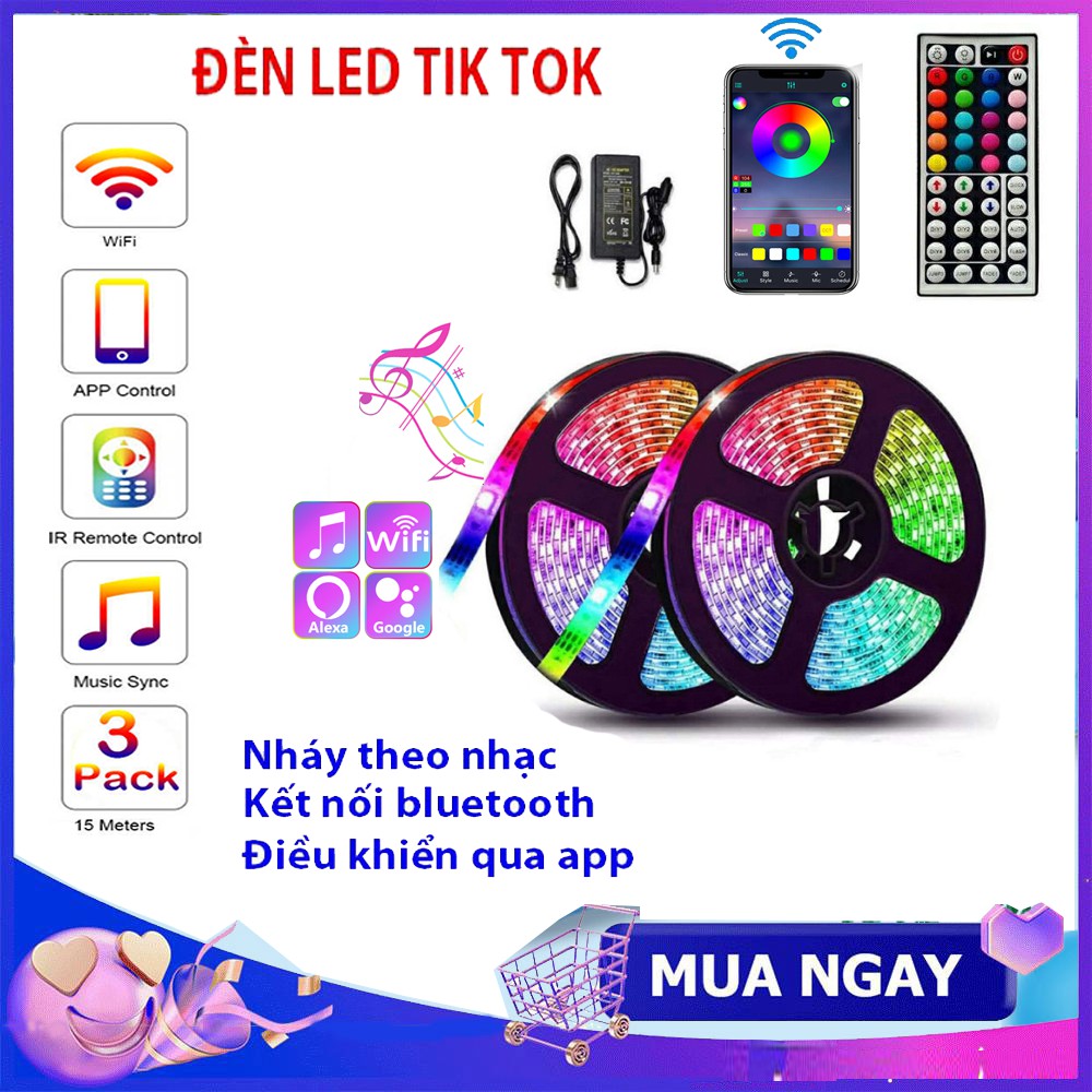Đèn Led TikTok 5m Rgb Đổi Màu Nháy Theo Nhạc - Đèn Trang Trí Có Điều Khiển