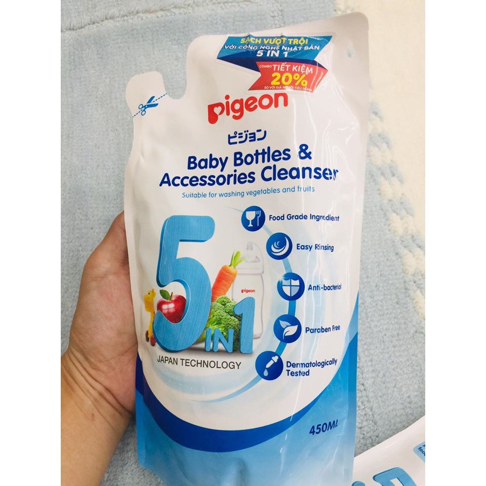 Combo Cây súc rửa bình sữa xoay 2 chiều và Nước súc bình sữa bịch 450ml pigeon