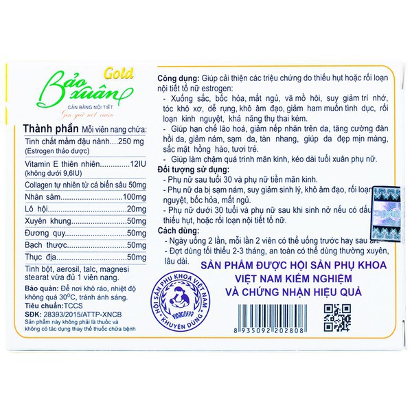 Viên Uống Bảo Xuân Gold Hộp 30 Viên - Đẹp da, cân bằng nội tiết tố nữ tuổi 30-50.