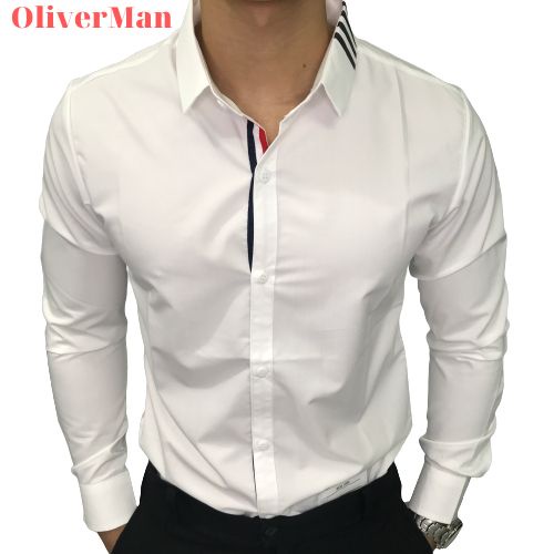 Áo Sơ Mi Trắng Nam Thom 4 Vạch Cổ Dập Logo Chữ Thêu Phom chuẩn Hàn Quốc.