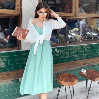 váy 2 dây đi biển cổ tim chất đũi lụa nhiều màu