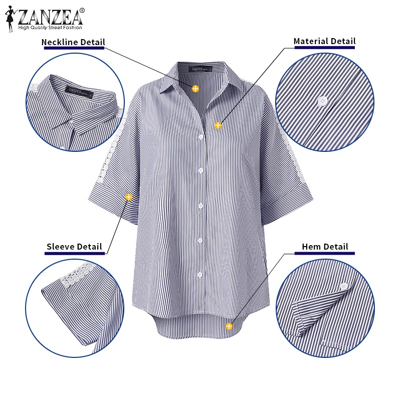 ZANZEA Áo Sơ Mi Nữ Tay Lửng Phối Ren Thời Trang Hàn Quốc