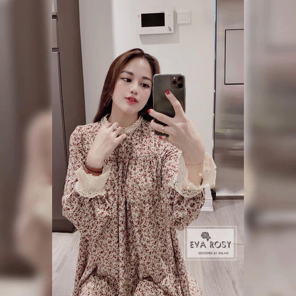 váy hoa nhí dáng dài pha ren - đầm hoa nhí tiểu thư