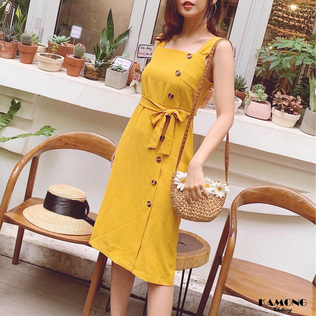 ĐẦM MAXI ĐŨI PHỐI HÀNG NÚT (VÀNG)