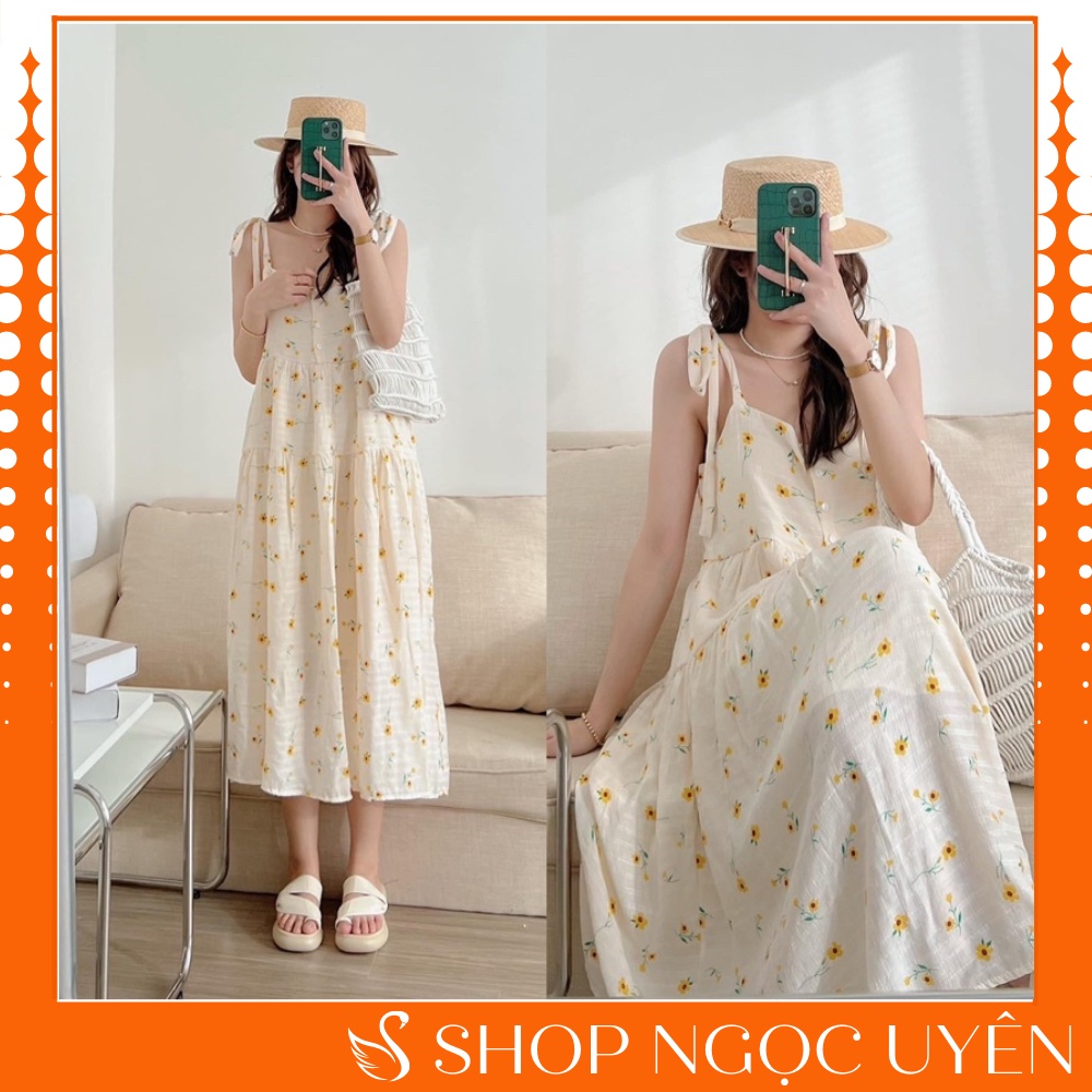 Đầm - Váy babydoll 2 dây HOA CÚC mùa hè nơ vai chất đũi loại 1 siêu mát maxi (Ảnh thật) - Ngọc Uyên Store