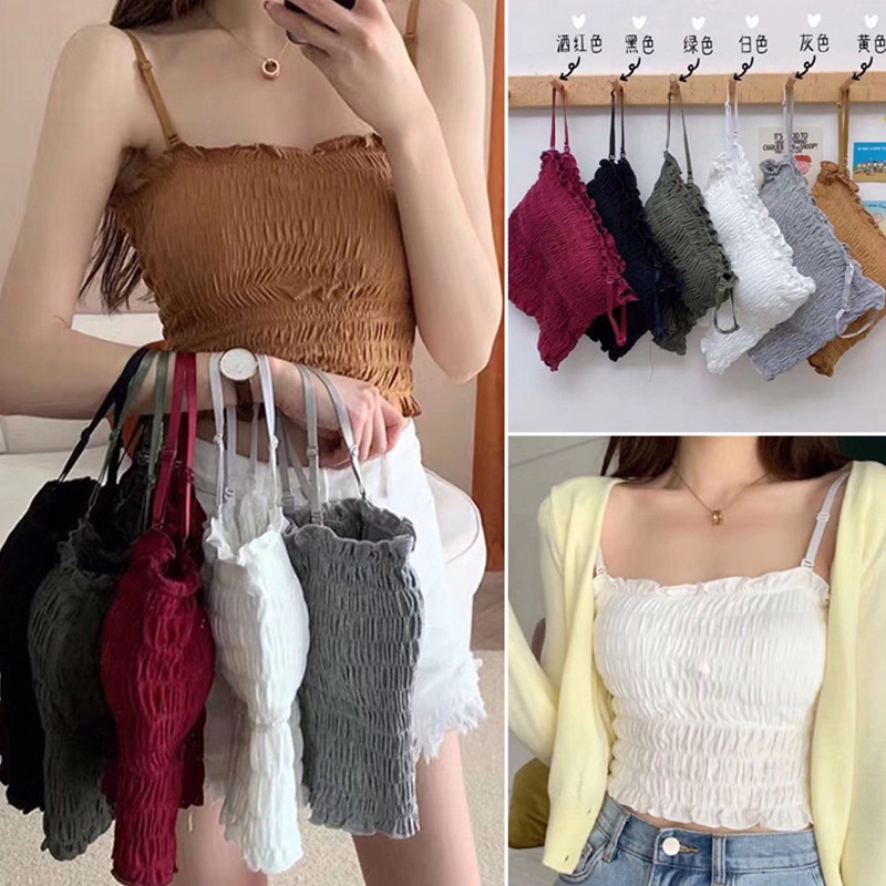Áo Bra Nữ Áo Lót Ống Ngắn Ôm Dáng Xếp Ly Kiểu Hồng Kông Cổ Điển Dễ Thương Cho Nữ Mặc Ngoài Trời Hyuna Influencer ins