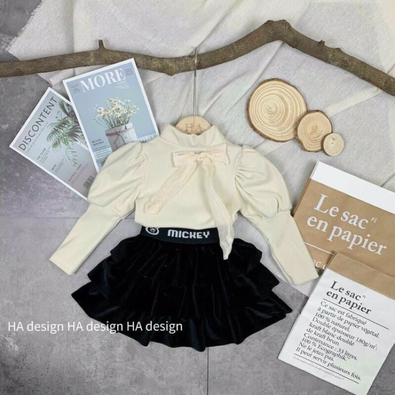 {14-20kg} Set áo nhung tăm kèm chân váy nhung cho bé gái