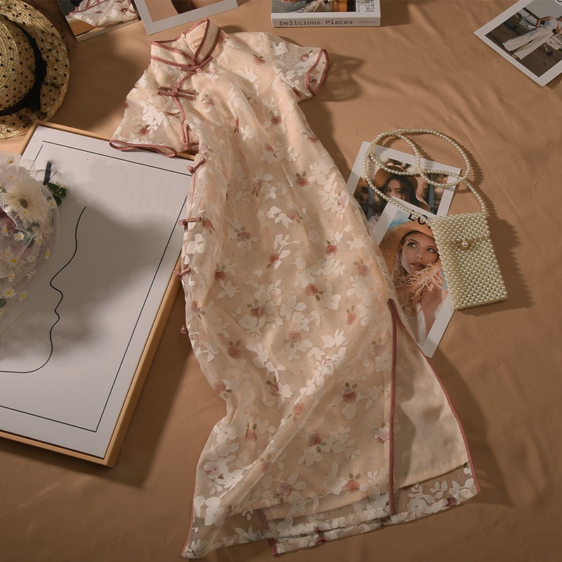 Đầm Sườn Xám Vải Voan Tay Ngắn In Hoa Thanh Lịch Thời Trang Mùa Hè Dành Cho Nữ Size S-2XL