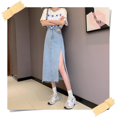 Chân váy bò dài  FIRST DATE chân váy jean dáng dài nữ mùa hè denim xẻ tà thiết kế túi eo cao