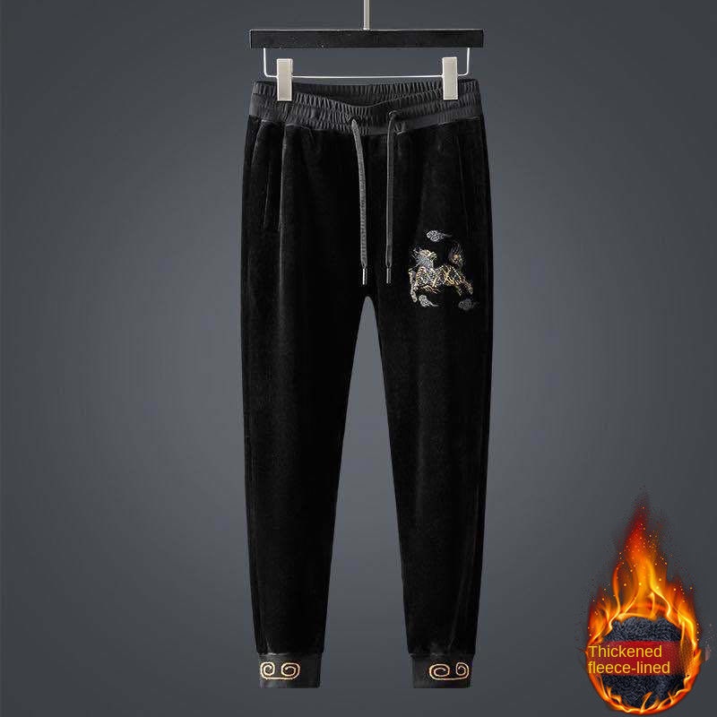 Bộ quần áo nhung dày dáng rộng thêu họa tiết con lân phong cách Trung Hoa ấm áp cho nam mùa thu đông