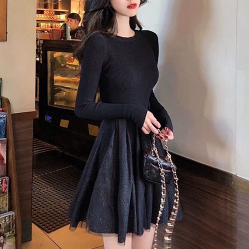 Váy len ôm dáng xòe dài tay/ đầm cổ tròn voan đuôi dáng ngắn xinh xắn V00143