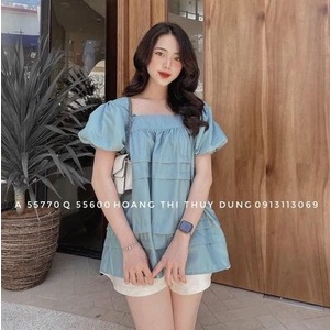 Sét bộ cổ vuông sooc ống xòe xanh tươi tắn cá tính