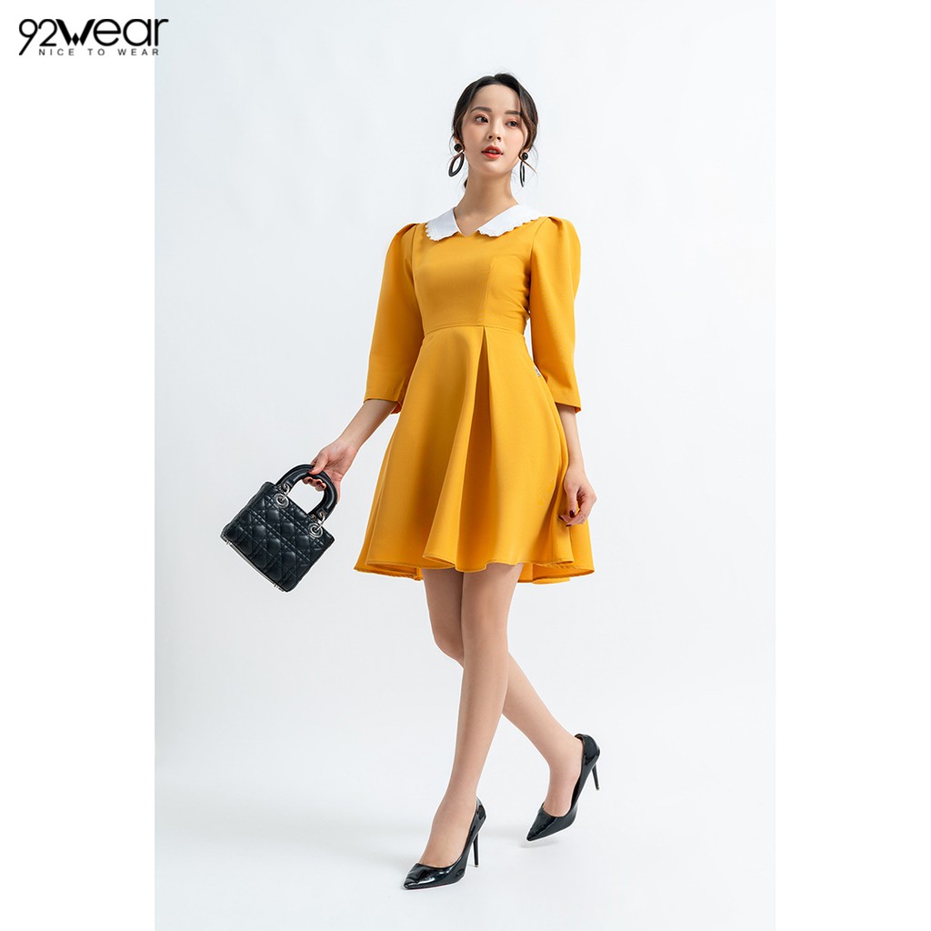 Đầm công sở dáng xòe tay lỡ phối viền cổ trắng DEW0623 - 92WEAR | BigBuy360 - bigbuy360.vn