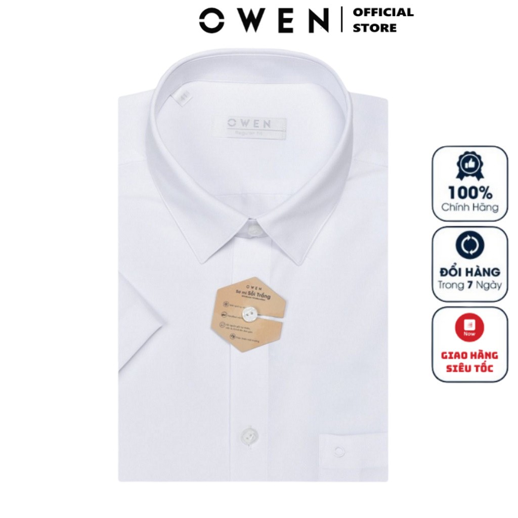 Áo Sơ Mi Trắng Nam Ngắn Tay Owen AR22752N2 Màu Trắng Trơn Kiểu Dáng Regular Fit Chất Liệu Sợi Sồi Chống Nhăn Bền Màu