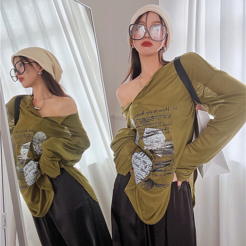 Áo Thun Dài Tay Dáng Rộng Vải Mỏng In Họa Tiết Thời Trang Dành Cho Nữ