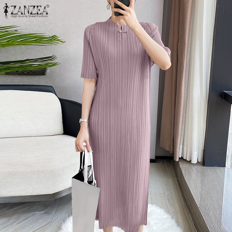 Đầm dài ZANZEA cổ chữ V tay lửng xếp ly màu trơn thời trang công sở nữ tính