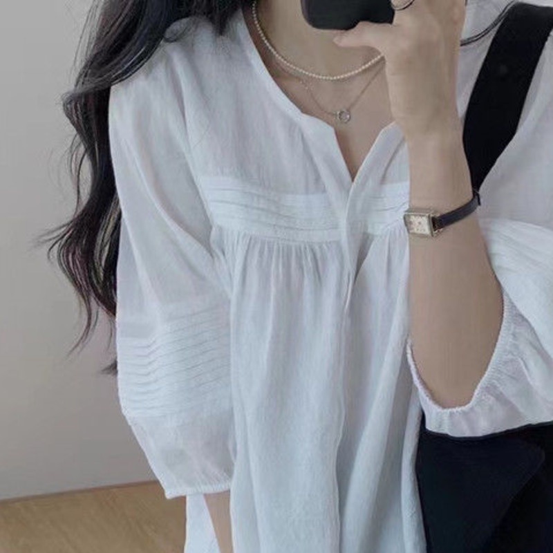 Áo Sơ Mi Vải Lanh Cotton Mỏng Tay Ngắn Phồng Dáng Rộng Phong Cách Mùa Hè Mới Cho Nữ
