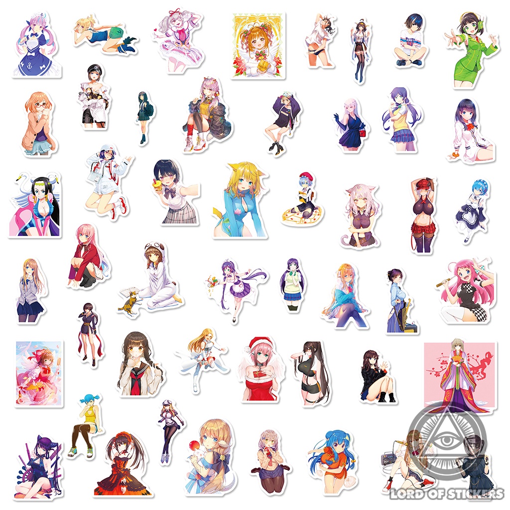 Set 50 Nhãn Dán Anime Waifu Cute Girl Sticker Hình Cô Gái Dễ Thương Dán Trang Trí Mũ Bảo Hiểm, Sổ, Điện Thoại, Laptop