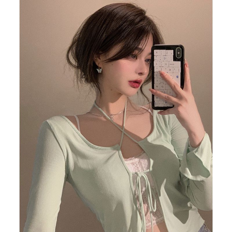 Set áo khoác cardigan phối dây cột và áo bra ren hai dây siêu xinh màu xanh và đen