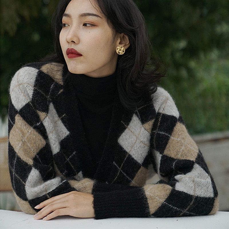 Áo khoác cardigan dệt kim dáng ngắn họa tiết vân kim cương kiểu Pháp retro dễ thương cho nữ