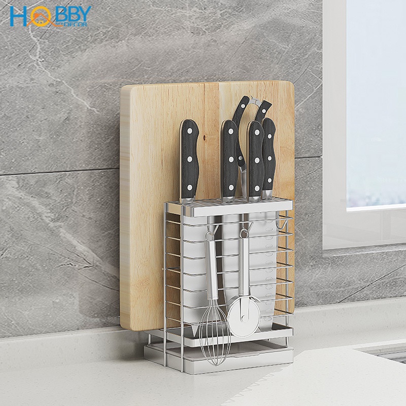 Kệ cắm dao keo thớt có 3 móc treo đồ Hobby Home Decor DD2N3 inox 304