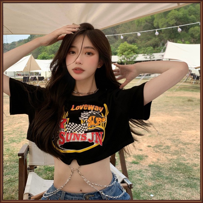 Áo Thun Crop Top Tay Ngắn Cổ Tròn Phối Dây Xích Thời Trang Mùa Hè Quyến Rũ Cho Nữ