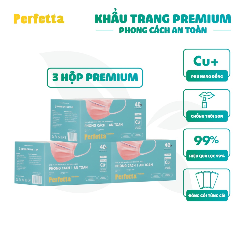 Combo 3 hộp khẩu trang y tế 3 lớp PERFETTA Premium cao cấp hai thanh mũi miệng phủ Nano đồng (40 cái/hộp)