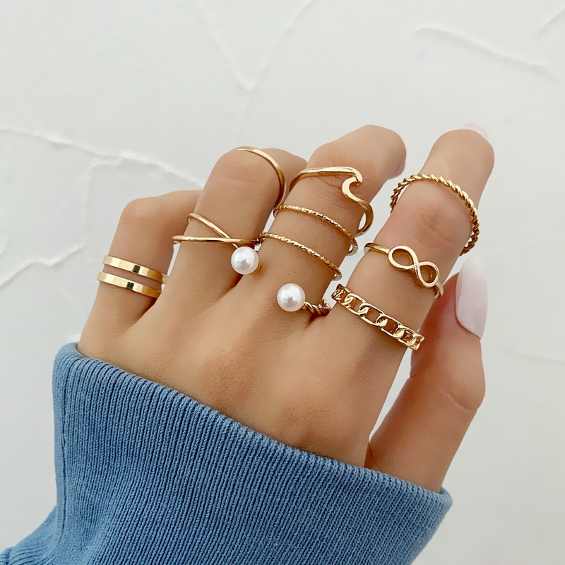 Bộ 10 Nhẫn Hợp Kim Dạng Gợn Sóng Đính Ngọc Trai Nhân Tạo Thời Trang