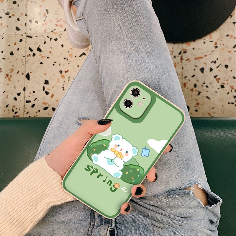 Ốp Iphone Gấu mùa xuân xanh tươi ốp lưng iphone cạnh vuông 6/7plus/8plus/x/xr/xs/11/12/13/pro/max/promax