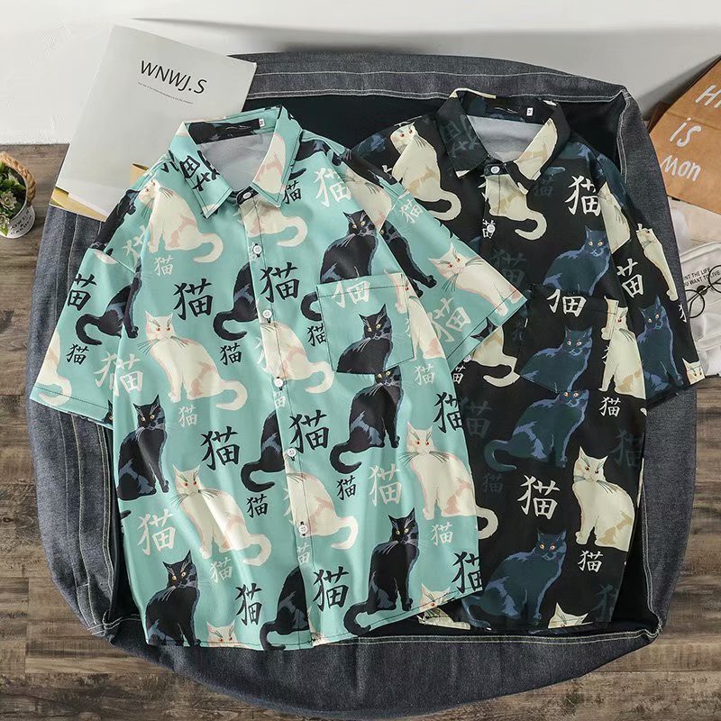 Áo Sơ Mi Nam Tay Ngắn In Hình Mèo Phong Cách Hawaii