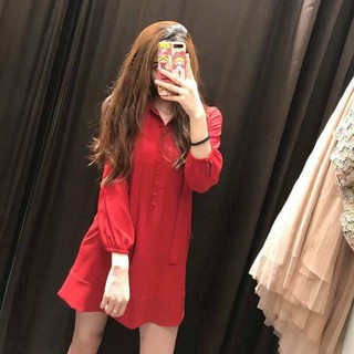 Váy suông xoè thắt nơ cổ đính khuy dọc zara đỏ