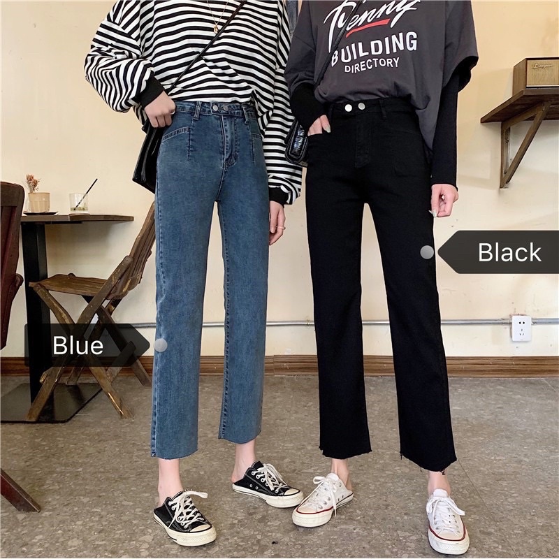 quần jean ống đứng màu đen lưng ( cạp) siêu cao, phong cách Hàn , jean co giãn tốt ạ