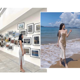Ảnh thật - đầm maxi lụa 2 dây cổ đổ hở lưng cột dây sau xám / nude xẻ tà