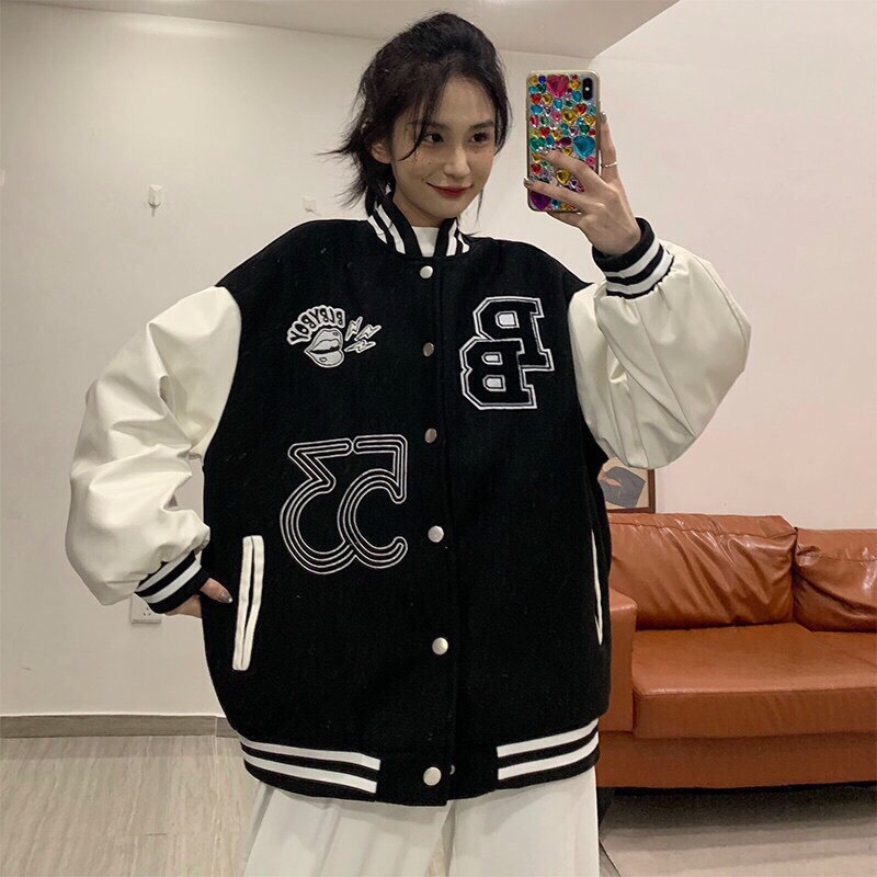 Áo khoác dù bomber jacket phối tay CHỮ PB form rộng unisex nam nữ 1HIT