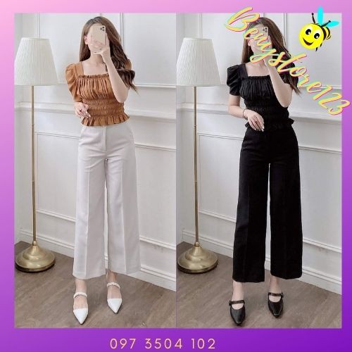 Quần Suông Vintex 💖𝑭𝑹𝑬𝑬𝑺𝑯𝑰𝑷💖Quần Culottes Quần Ống Suông Rộng Cạp Cao 2 Màu Đen Kem