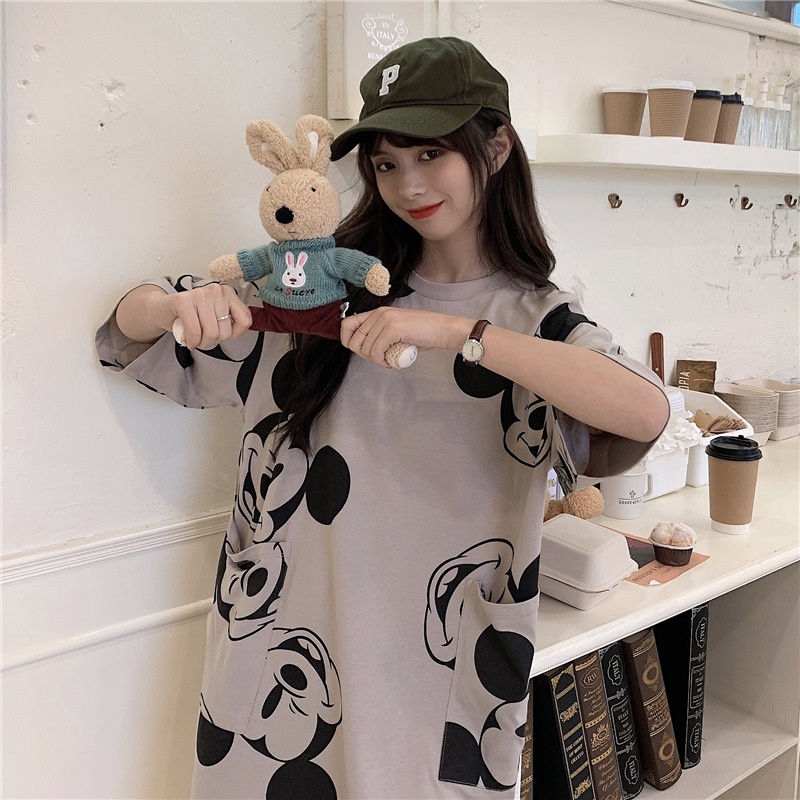 Đầm thun tay ngắn cổ tròn dáng rộng in họa tiết chuột Mickey thời trang Hàn Quốc trẻ trung cho nữ