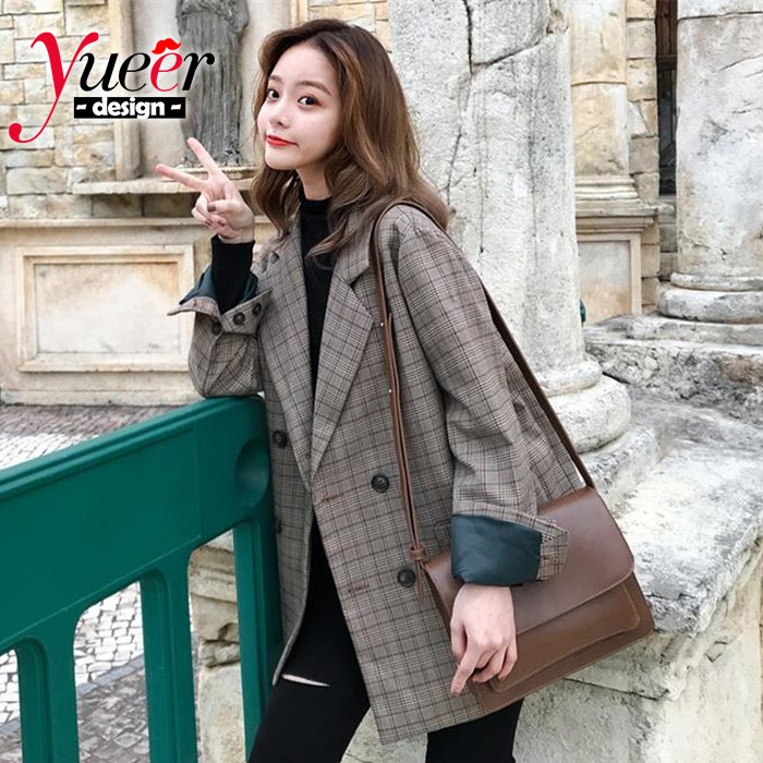 Áo Khoác Nữ Dáng Rộng Họa Tiết Caro Phong Cách Hàn Quốc Cổ Điển Size S-2XL